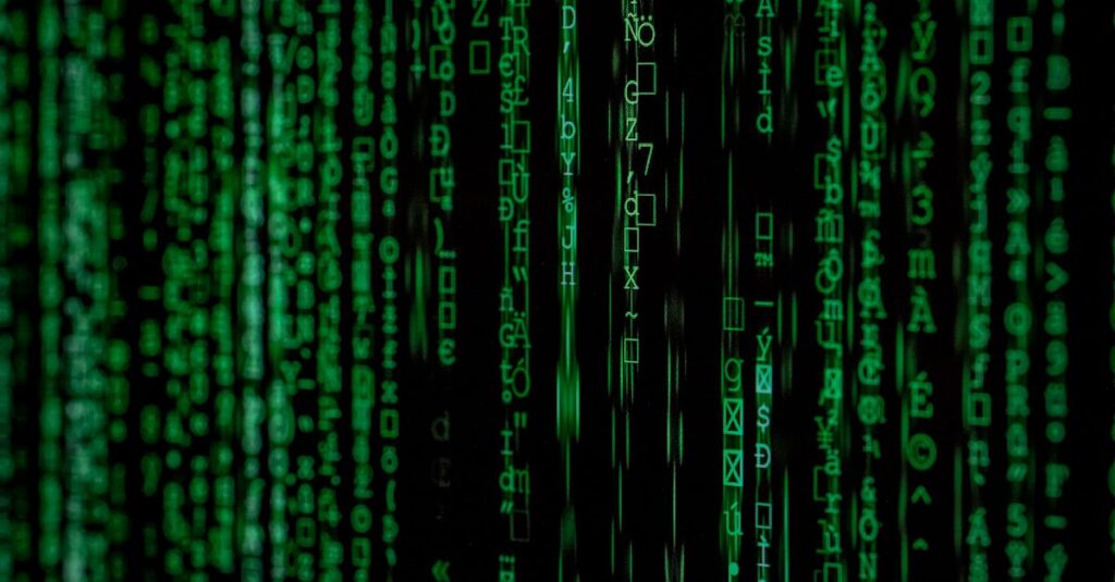 pexels-photo-1089438-1089438 Abstract green matrix code background with binary style.